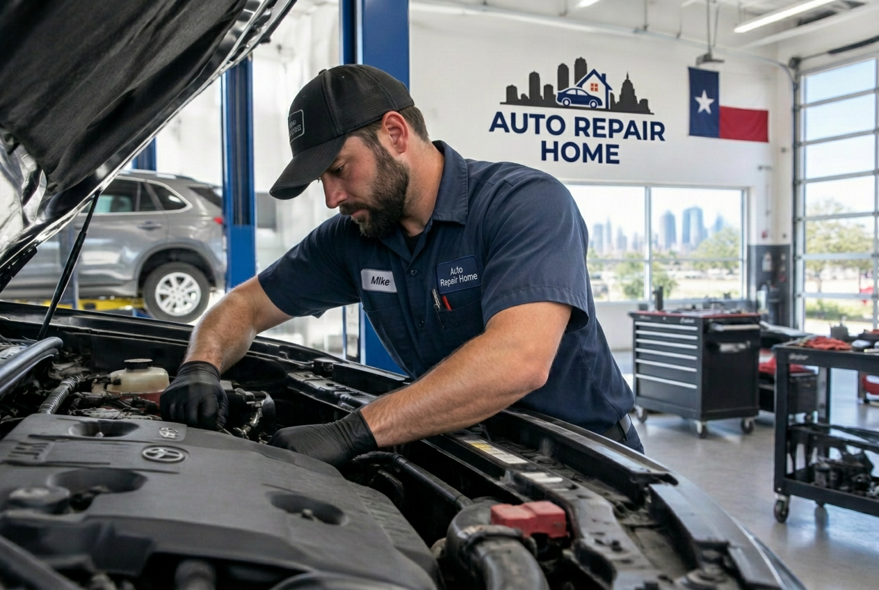 ASE-certified mechanic repairing a car engine in our Austin shop